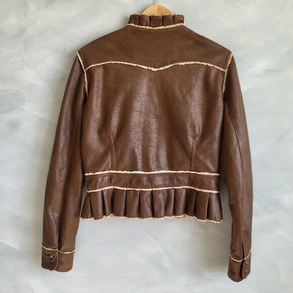 Y2K Luii Brown Faux Vegan Leather Ruffle Blazer Jacket. Sz L Crop Cinch Waist - Picture 3 of 11